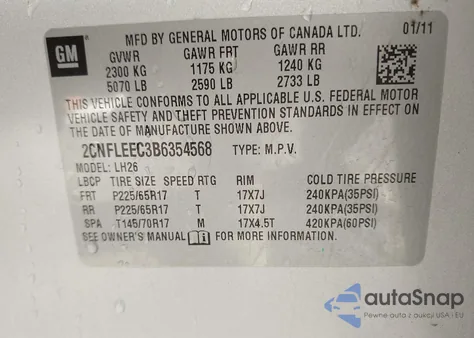 2011 Chevrolet Equinox 1Lt z USA, uszkodzony, nr VIN 2CNFLEEC3B6354568